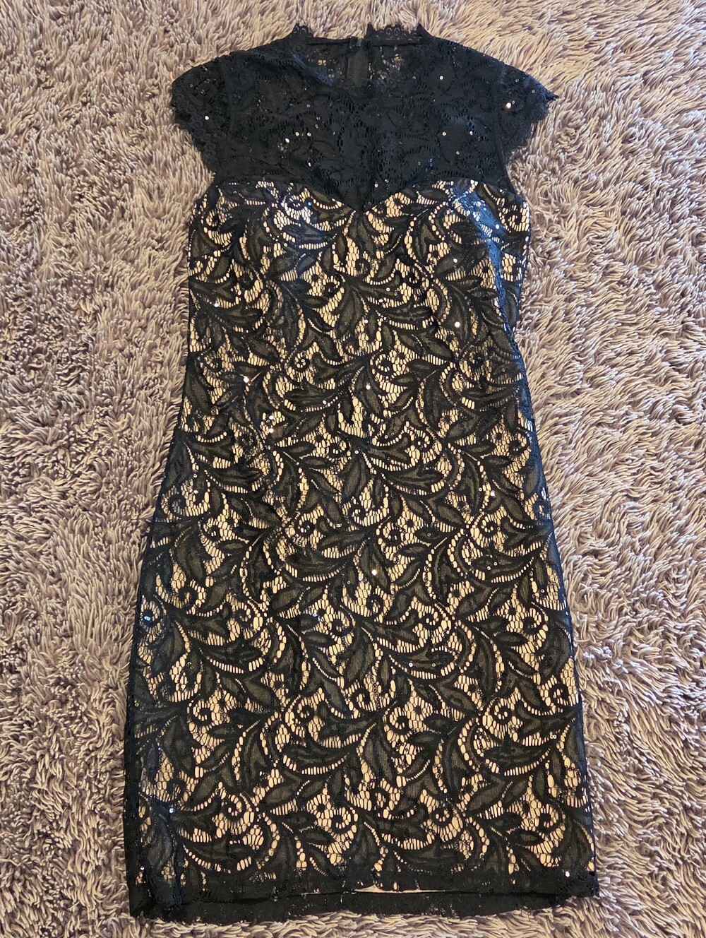 Black Lace Overlay Sheath Dress with Nude Lining By My Michelle